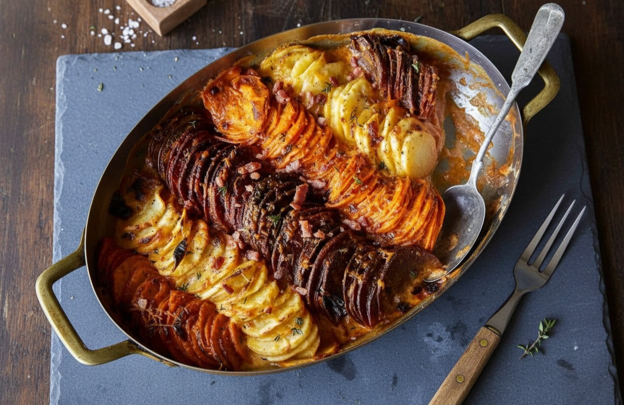 Cheesy Root Vegetable Gratin Spoon Fork Bacon