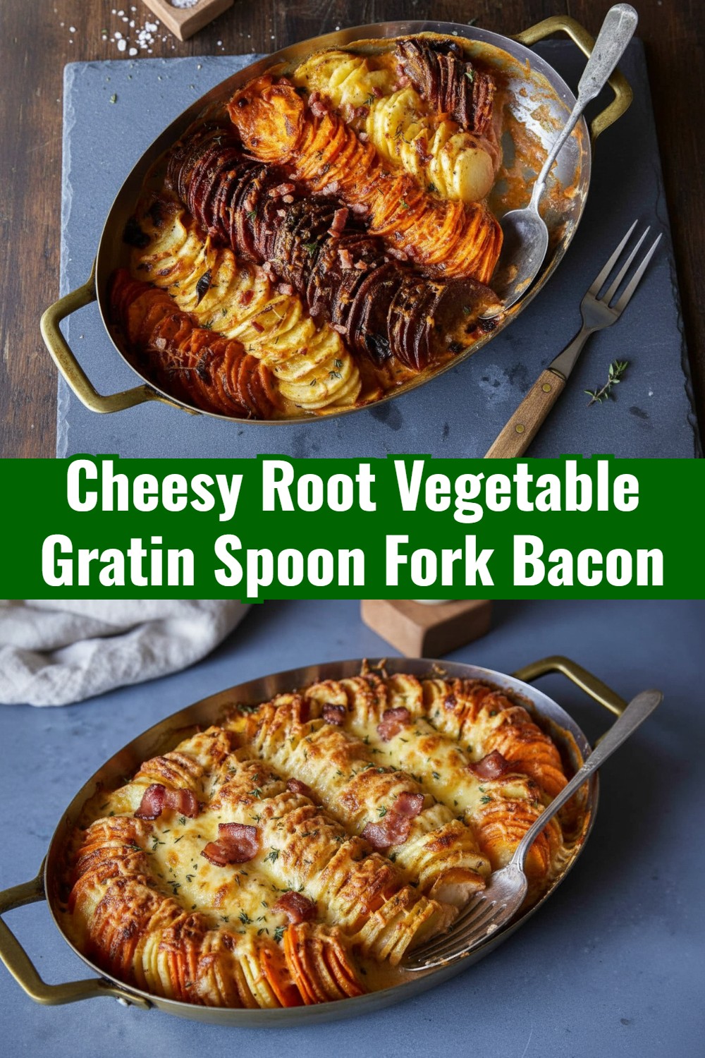 Cheesy Root Vegetable Gratin Spoon Fork Bacon