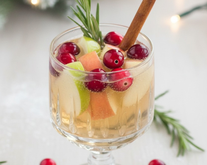 Easy Cranberry Rosemary White Christmas Sangria with Cinnamon Syrup serving