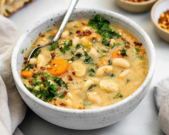 Hearty Vegetarian Tuscan White Bean Soup with Fresh Herbs serving