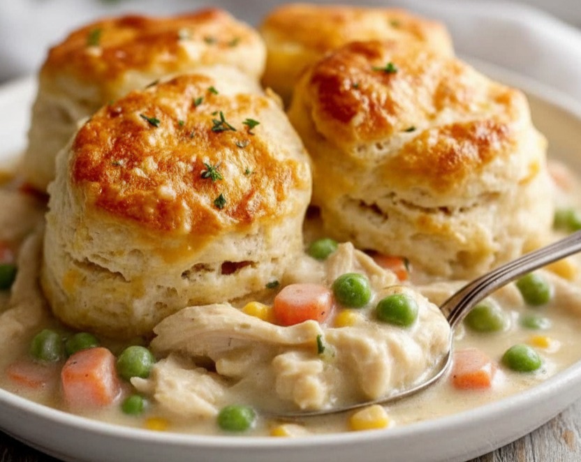 Easy Chicken Pot Pie with Biscuits Homemade Chicken Pot Pie serving