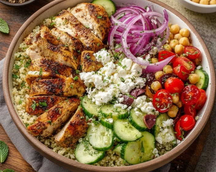 Easy Healthy Mediterranean Chicken Bowl Savory Dinner Recipe serving