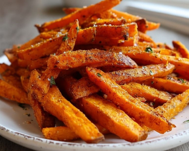 Crispy Oven Baked Sweet Potato Fries Healthy Veggie Side Dish Recipe serving